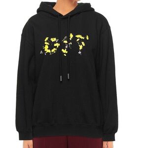 Black  OFF White Floral Lettering Hoodie - Yellow Flower